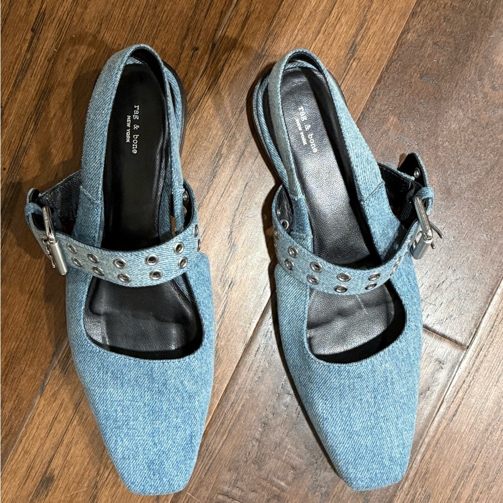 rag & bone Light Blue Denim Mary Jane Slingback Mules